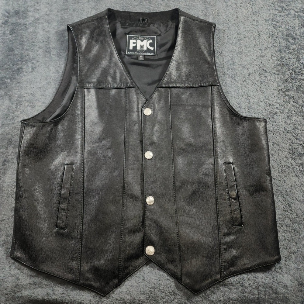 FMC First Manufacturing Leather Biker Vest Mens 3XL Black Buffalo Nickel Snaps